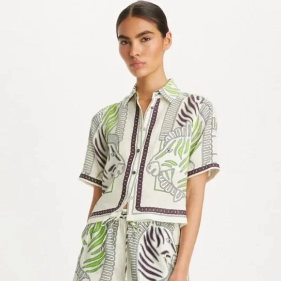 Tory Burch Printed Linen Camp Shirt – Ivory Zebra Scarf (Size Small) | NEW - Picture 3 of 8